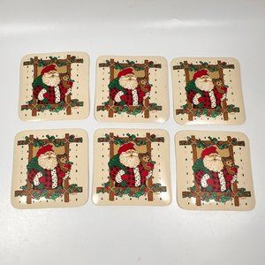 Vtg Christmas Santa Claus Coasters Holding Teddy Bear Art Print C & B Lot of 6